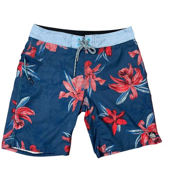 Reef‎ Men's Floral Board Shorts Blue Red Tropical Swim Trunks Size 32 - Picture 1 of 12